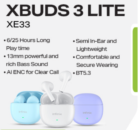 Infinix Xbuds 3 Lite XE33 | 25H Playtime | 13mm Bass Drivers | ENC Clear Call | Bluetooth 5.3